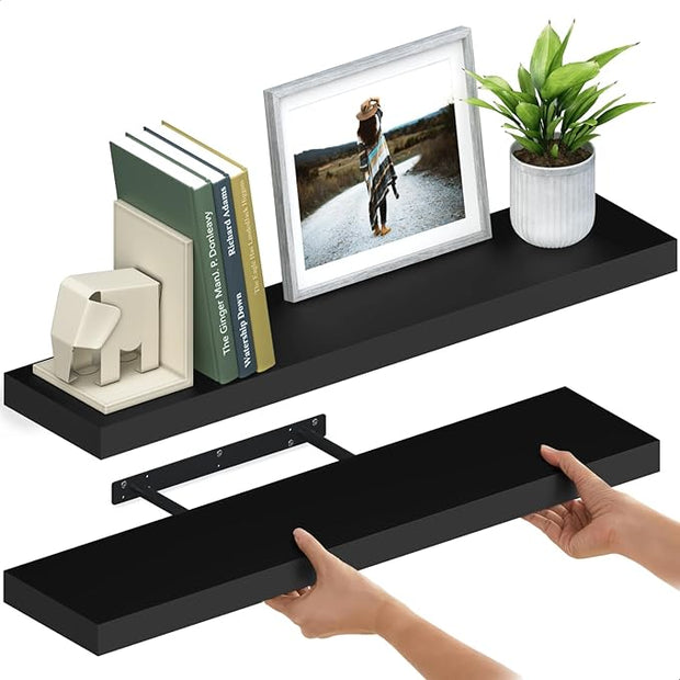 Ballucci Floating Shelves for Wall, 36" Wood Wall Shelf Set of 2, with Invisible Brackets for Bathroom, Living Room, Bedroom, Kitchen, Nursery, 8" Deep, Black