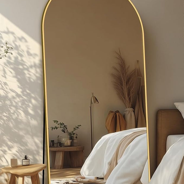 Full Length Mirror with Stand, 71"x32" Arched Full Body Mirror, Large Stand Up Mirrors, Aluminum Frame Floor Standing Mirrors, Freestanding Hanging Leaning Mounted for Bedroom Living Room, Gold