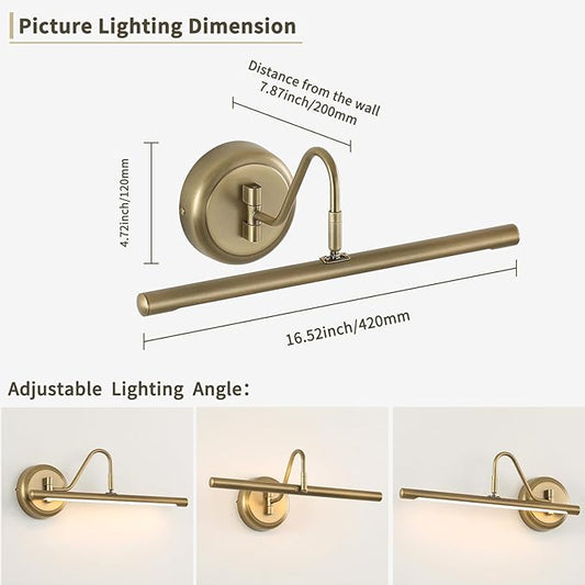 JOOSENLUX 16.5" Brass Picture Light Hardwired, Adjustable LED Art Display Lighting Fixture, 3000K Warm Dimmable Wall Sconce for Painting Portrait Gallery, Vintage Gold Metal Indoor Bedroom