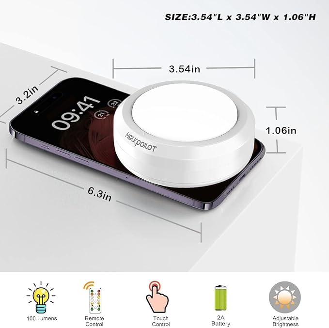 HOLKPOILOT Puck Lights with Remote Control, Under Cabinet Battery Operated, Under Counter Puck Lighting, Wireless Stick On Lights White (4pack)
