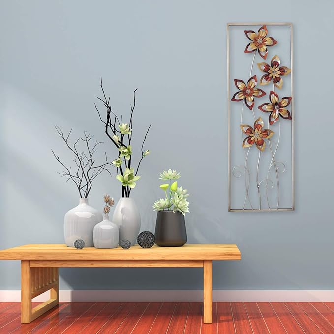 All American Collection New Aluminum/Metal Wall Decor with Frame (Burgundy/Brown Flower)