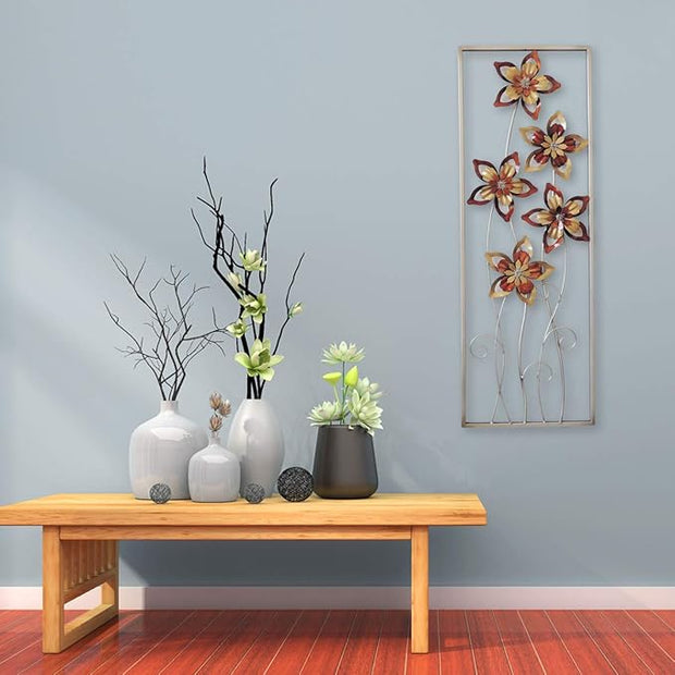 All American Collection New Aluminum/Metal Wall Decor with Frame (Burgundy/Brown Flower)