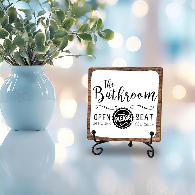 Funny Bathroom Signs Decor, Toilet Wooden Sign With Stand, The Bathroom Open 24 Hours Please Seat Yourself Sign, Farmhouse Restroom Quote Sign For Toilet Restroom Washroom Lavatory Home Decor Gifts