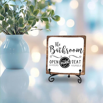 Funny Bathroom Signs Decor, Toilet Wooden Sign With Stand, The Bathroom Open 24 Hours Please Seat Yourself Sign, Farmhouse Restroom Quote Sign For Toilet Restroom Washroom Lavatory Home Decor Gifts