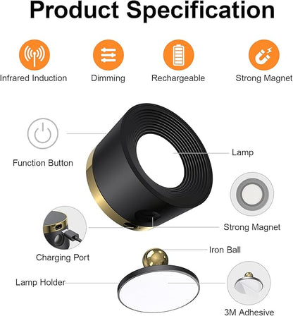 Moobibear Motion Sensor Wall Light Indoor 2Pcs, 3500mAh Rechargeable Battery Operated LED Wall Light, Wall Lamp Wireless with 360 ° Rotation, 3 Color Temperatures for Bedroom, Study, Corridor, Picture