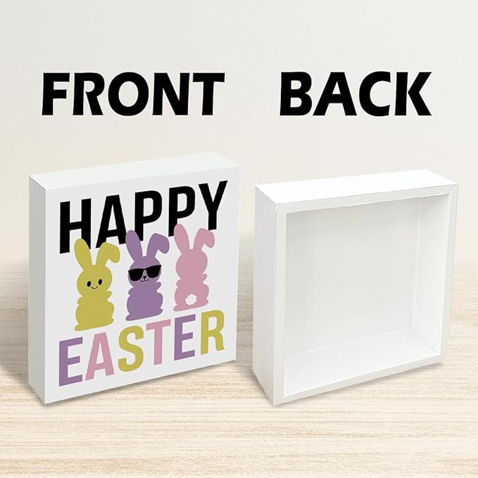 Easter Decorations for Home Happy Easter Bunny Wooden Box Sign, Funny Spring Desk Table Decor, Rustic Farmhouse Shelf Plaque, Easter Porch Party Decorations for Office Entryway Holiday Decor