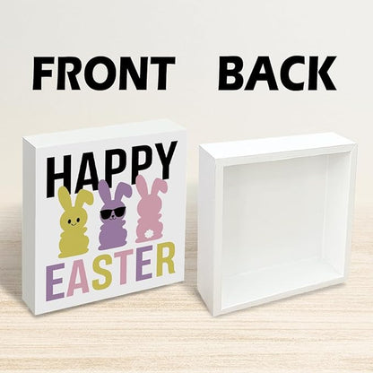 Easter Decorations for Home Happy Easter Bunny Wooden Box Sign, Funny Spring Desk Table Decor, Rustic Farmhouse Shelf Plaque, Easter Porch Party Decorations for Office Entryway Holiday Decor