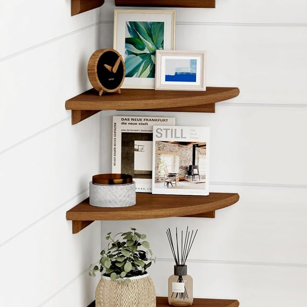 Forbena Walnut Brown Floating Corner Shelves for Wall 4-Pack, Small Corner Wall Shelves for Kids Room, Cute Wooden Hanging Corner Shelf for Bedroom Bathroom Decor, Living Room, Small Spaces
