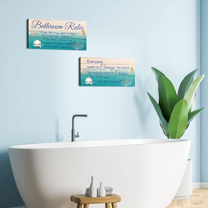 Jetec 2 Pieces Funny Bathroom Signs Bathroom Wall Decor Toilet Wall Accessories Farmhouse Toilet Rustic Wooden Signs, 12x6 Inch(Sea World Style)