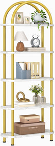 HOOBRO 5 Tier Open Bookshelf, Industrial Arched Bookcase Display Shelf Rack, Wooden Bookcase Storage Shelf Metal Frame, Tall Storage Organizer for Home, Easy Assembly, Gold DM176SJ01