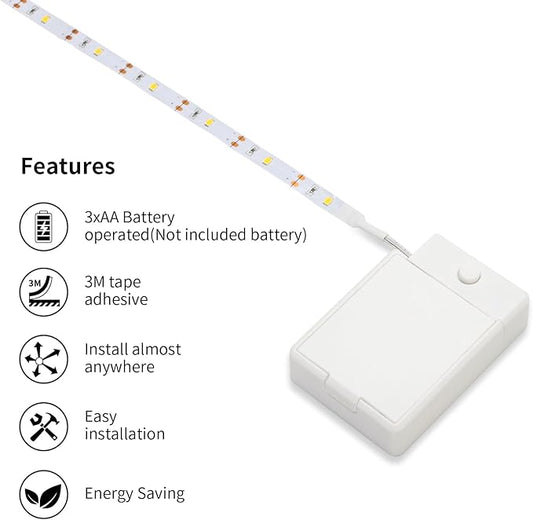 3.28ft Indoor Battery Powered LED Strip Lights Under Cabinet Stick on Lights Under Cabinet Kitchen Led Lights Short Led Strip Lights Battery Led Light x 3 Pack 3000K, Without Batteries