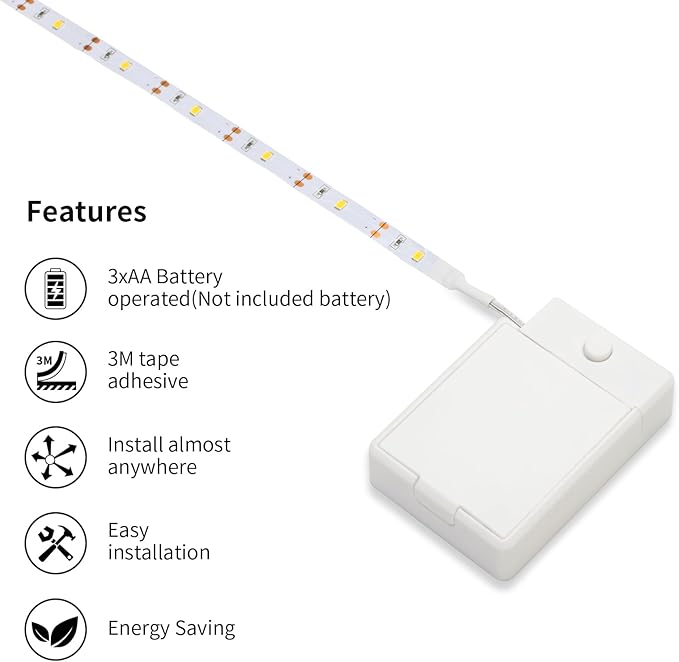 3.28ft Indoor Battery Powered LED Strip Lights Under Cabinet Stick on Lights Under Cabinet Kitchen Led Lights Short Led Strip Lights Battery Led Light x 3 Pack 3000K, Without Batteries