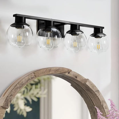 PAZALA 4-Lights Bathroom Vanity Light, Modern Bathroom Lighting Fixtures with Globe Glass Shade, 30in Matte Black Wall Sconce for Bath Over Mirror Kitchen Cabinet Bedroom Hallway Farmhouse, E26 Base