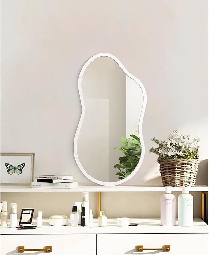 AAZZKANG Small Wall Mirror with Irregular Wood Framed Decorative White Hanging Mirrors for Bedroom Dressing Room Living Room Bathroom Entryway