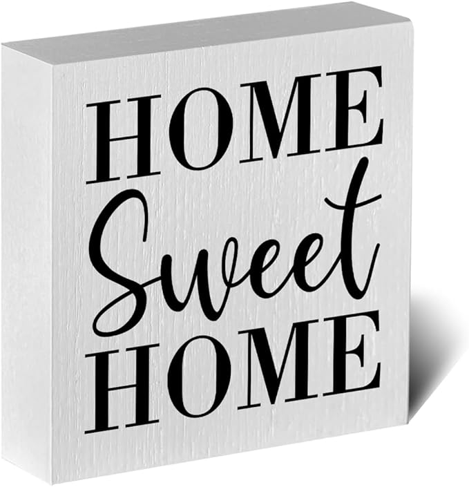 Home Sweet Home Rustic Farmhouse Style Wood Sign Art 5 x 5 Inch Wooden Box Plaque for Living Room Desk Décor Gift
