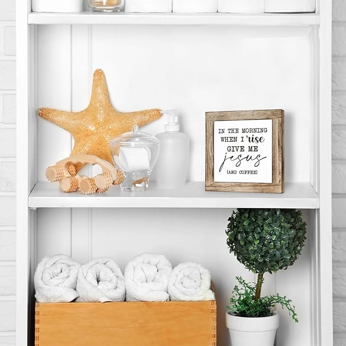 Coffee Bar Decor, In the Morning When I Rise Give Me Jesus and Coffee, Home Kitchen Table Top Decorations, Farmhouse Decorations for Bar Station, Rustic Wooden Table Top Decor 5.9×5.9 inch