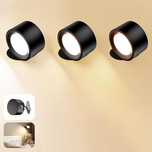 Wall Mounted Lamp LED Wall Lights with Rechargeable Battery Operated, 3 Color Temperatures & 3 Brightness Levels 360°Rotate Magnetic Ball, Cordless Sconces for Bedroom Reading Bedside,Black-3 PACK