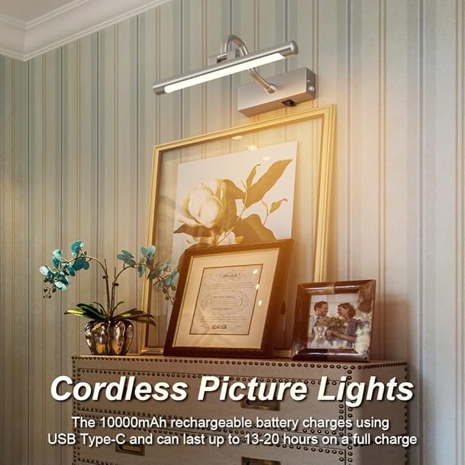 Aipsun 11.8" Nickel Picture Lights for Wall Rechargeable,10000mAh LED Battery Operated Art Light for Paintings,3CCT Dimmable, Rotatable Gallery Light for Pictures Display(Brushed Nickel)