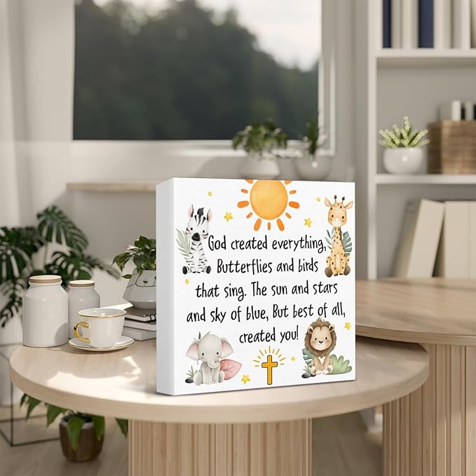 Baptism Gifts for Boy Girl - Christening Gifts for Girls Boys - Nursery Decor - God Crearted Everything Wood Sign Home Nursery Desk Table Shelf Baptism Decorations 5×5 Inches