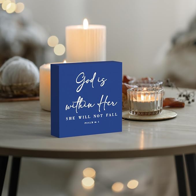 God Is Within Her Bible Verse Artwork Blue Wood Box Sign Rustic Farmhouse Style Psalm 46 : 5 Christian Wood Block Plaque 5 X 5 Inches Home Office Desk Sign Decor for Presents
