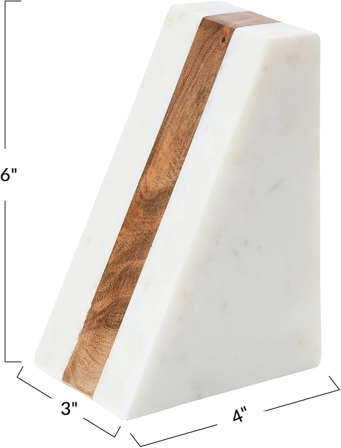 Main + Mesa Marble Geometric Bookends with Wood Inlay, White