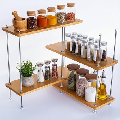 VINIUSIKI Adjustable 4 Tier L-Shaped Countertop Shelf Organizer, DIY Kitchen Corner Spice Rack for Countertop, Wood Coffee Counter Shelf Organizer for Home Office - 15.7"x15.7"x16.14" (LxWxH), Wood