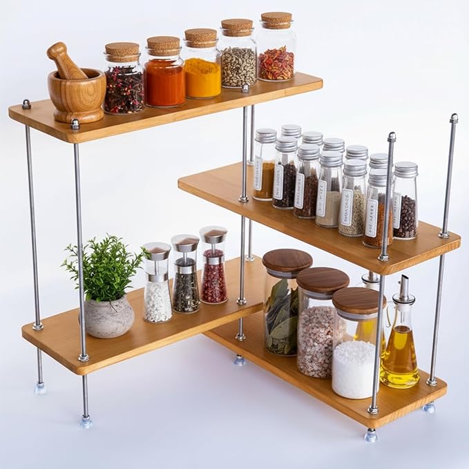 VINIUSIKI Adjustable 4 Tier L-Shaped Countertop Shelf Organizer, DIY Kitchen Corner Spice Rack for Countertop, Wood Coffee Counter Shelf Organizer for Home Office - 15.7"x15.7"x16.14" (LxWxH), Wood