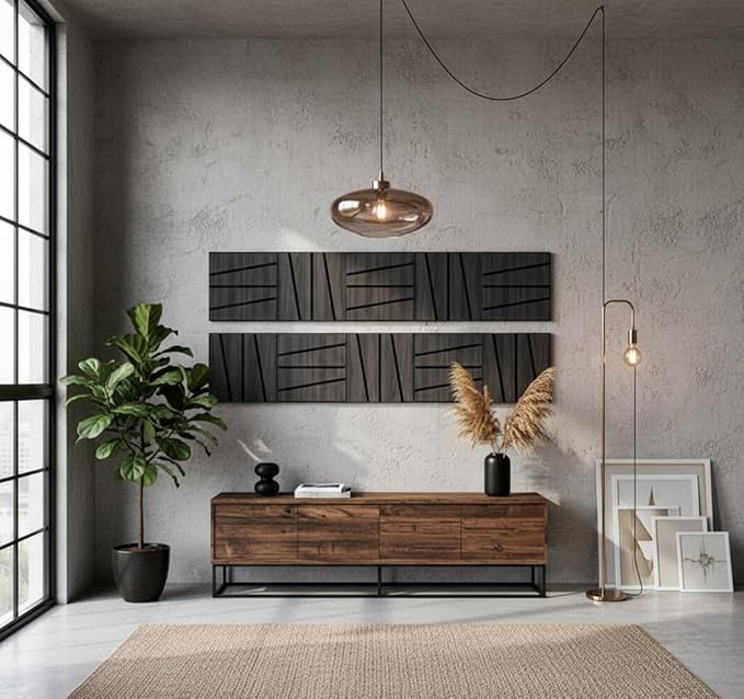 WoveN SounD Artisan Acoustic Wall Panels, 16 Pack 12x12 Inch, Wood Veneer Carved Sound Proof Wall Decor, Self-Adhesive for Home, Studio, Office & Focus Zones, Cut Prism, Black Oak