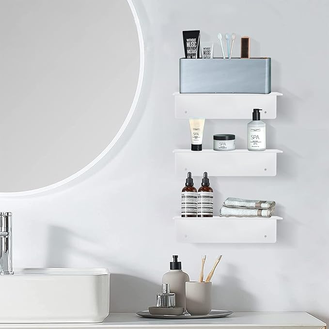 9 Inch Acrylic Floating Shelf No Drill Adhesive Wall Shelf Set of 4 for Funko Pop Storage, Floating Shelves Damage-Free Expand Wall Space for Living Room, Bathroom, Gaming Room, Office - White