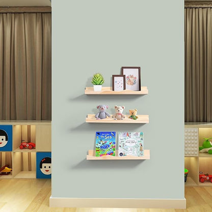 AZSKY Floating Bookshelf for Kids, Cloud Picture Ledge Shelf - Natural 15.7 Inches, Nursery Book Shelves Set of 3, Floating Shelves Baby & Toddler Room Decor