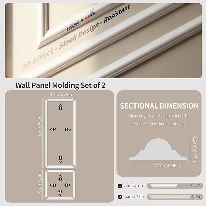 VCK Pre-Cut 3D Wall Molding Kit, Set of 2 | Ready-to-Assemble Wainscoting Panels for Accent Wall Decor | Easy DIY Installation with Glue | for Living Room & Bedroom (1 Top & 1 Bottom)