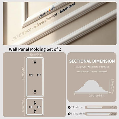 VCK Pre-Cut 3D Wall Molding Kit, Set of 2 | Ready-to-Assemble Wainscoting Panels for Accent Wall Decor | Easy DIY Installation with Glue | for Living Room & Bedroom (1 Top & 1 Bottom)