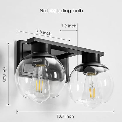 PAZALA 2-Lights Black Bathroom Vanity Lights, Modern Bathroom Lighting Fixtures with Globe Glass Shade, 14in Matte Black Wall Lamp for Bath Over Mirror Kitchen Living Room Hallway Cabinet Porch