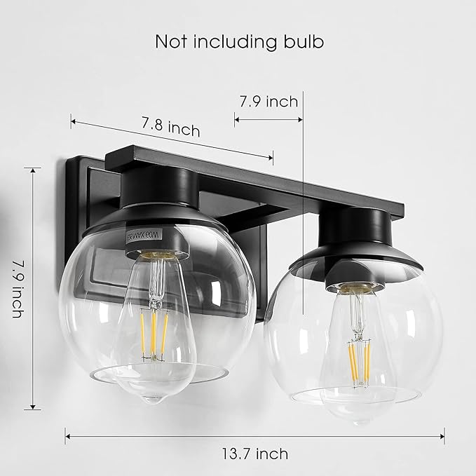 PAZALA 2-Lights Black Bathroom Vanity Lights, Modern Bathroom Lighting Fixtures with Globe Glass Shade, 14in Matte Black Wall Lamp for Bath Over Mirror Kitchen Living Room Hallway Cabinet Porch