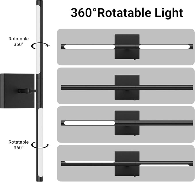 Tipace Hardwired Black Vanity Light Fixtures for Bathroom - 23.6 inch 360° Rotatable Modern Bathroom Light Fixture Over Mirror 5CCT LED Wall Sconce Lighting Fixture LED Vanity Lights Bar