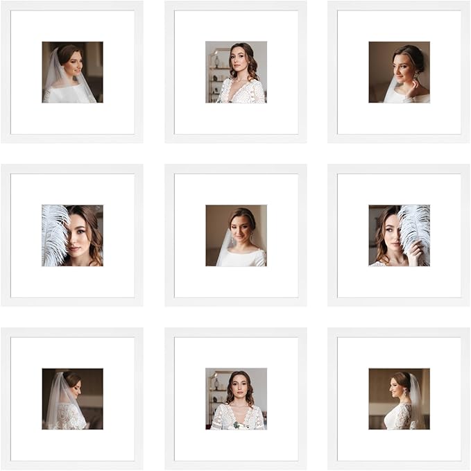 8x8 Picture Frame Set of 9, Display Pictures 4x4 with Mat or 8x8 without Mat, Multi Collage Gallery Square Photo Frames for Wall or Tabletop, White