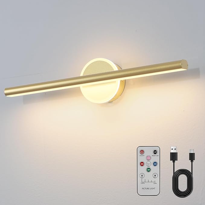 Wireless Picture Light, 16 inches Art Wall Light, Picture Light Battery Operated,Battery Operated Wall Lights,Gallery Light for Painting,Photo,Library(Gold-Painted)