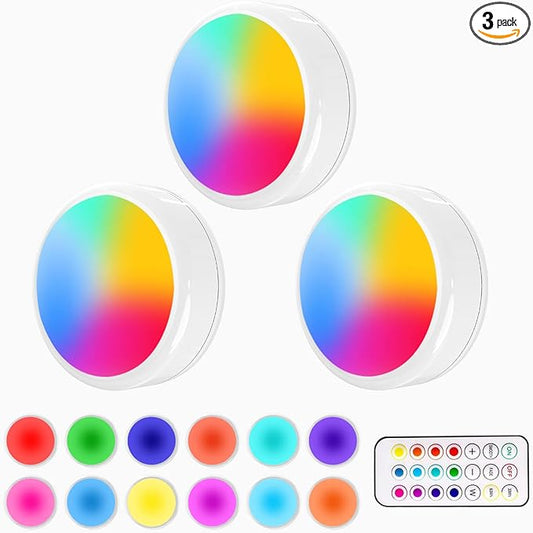 ILYXY Puck Lights With Remote, 3 Pack LED Under Cabinet Lighting, Dimmable Push Battery Operated Wireless Under Counter for Kitchen, Multicolor Transformation Stick On, Shiny White