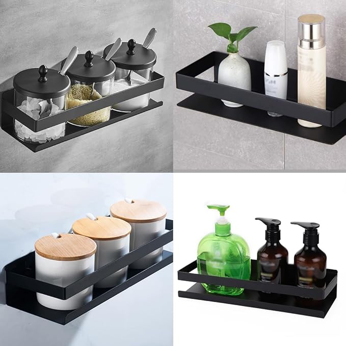 OwnMy Bathroom Shower Shelf Stainless Steel Bath Kitchen Basket Shower Caddy Rack, Rustproof Metal Bathroom Storage Floating Shelves Wall Mounted Shower Corner Rectangular Shelf - 12 Inch Black