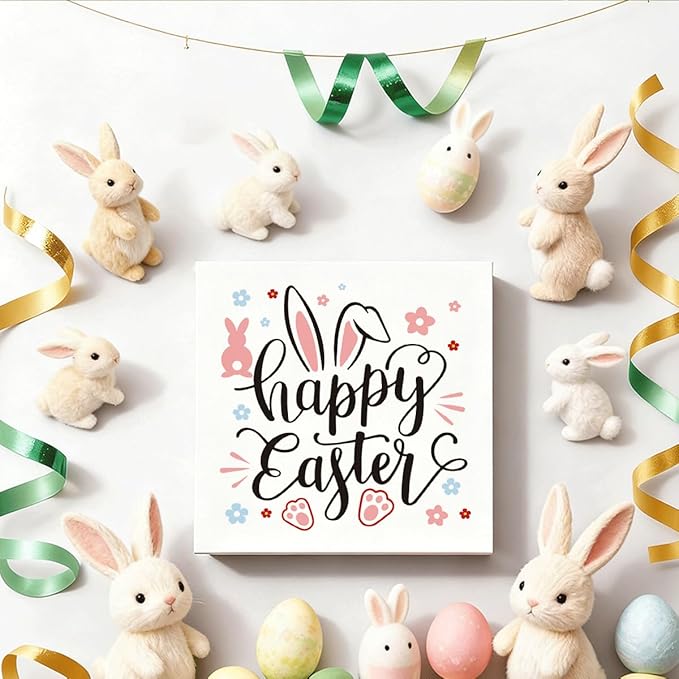 Easter Decorations for Home Happy Easter Bunny Wooden Sign, Spring Farmhouse Table Decor, Cute Easter Desk Decorations, Office Shelf Plaque, Holiday Gift for Family Friends
