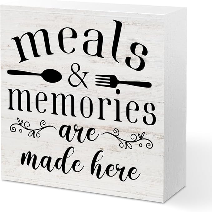 Meals and Memories Are Made Here Wood Box Sign Desk Decor for Kitchen Counter Farmhouse Shelf Cubicle, Funny Kitchen Wooden Box Decorative Signs 5.1x5.1 Inch