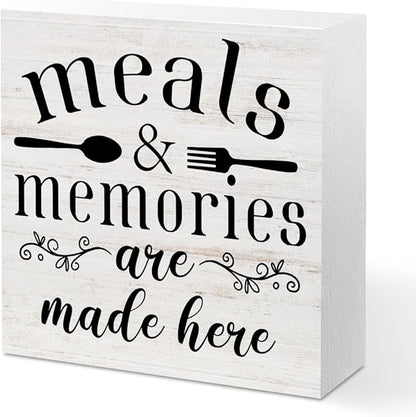 Meals and Memories Are Made Here Wood Box Sign Desk Decor for Kitchen Counter Farmhouse Shelf Cubicle, Funny Kitchen Wooden Box Decorative Signs 5.1x5.1 Inch