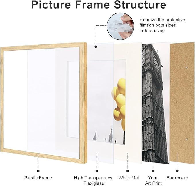 10x10 Picture Frame Set of 9, Display Pictures 8x8 with Mat or 10x10 without Mat, Multi Collage Gallery Square Photo Frames for Wall or Tabletop, Natural Wood