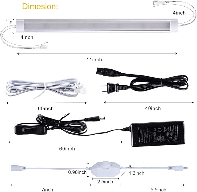 LABOREDUCER LED Under Cabinet Lighting with Plug in 10 Pack,11inch Dimmable LED Under Cabinet Lights with Rotary Dimmer Switch, Cold White Linkable Under Counter Lights for Kitchen (Cold White)