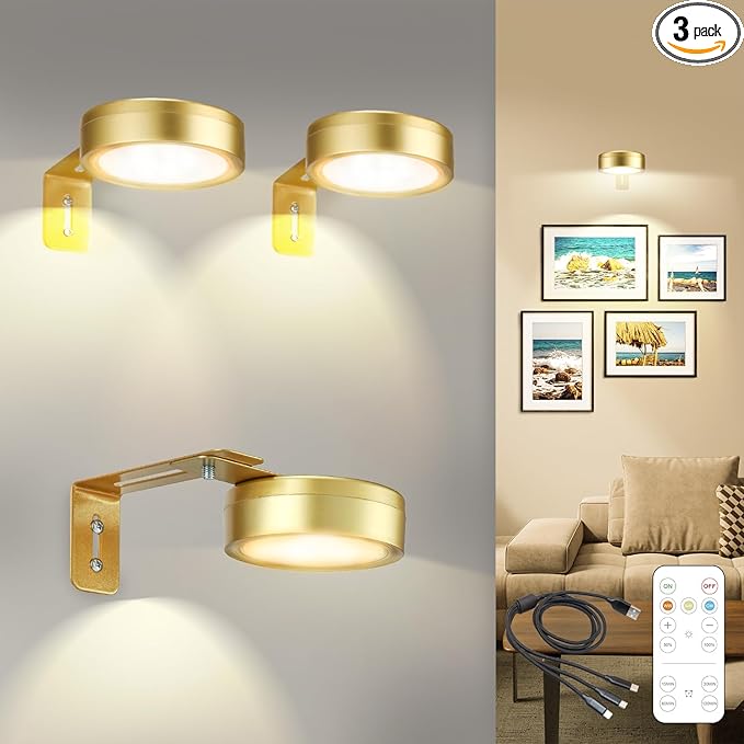 3 Pack Gold Picture Lights for Wall, Rechargeable Battery Operated Picture Frame Lights, LED Wall Light for Pictures with 3 Lighting Modes,Magnetic Art Display Light with Remote Dimmable Timer