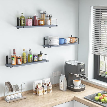 Floating Shelves - 24 Inch Wall Mounted Set of 3, Rustic Wood Storage Shelves for Living Room (Grey)