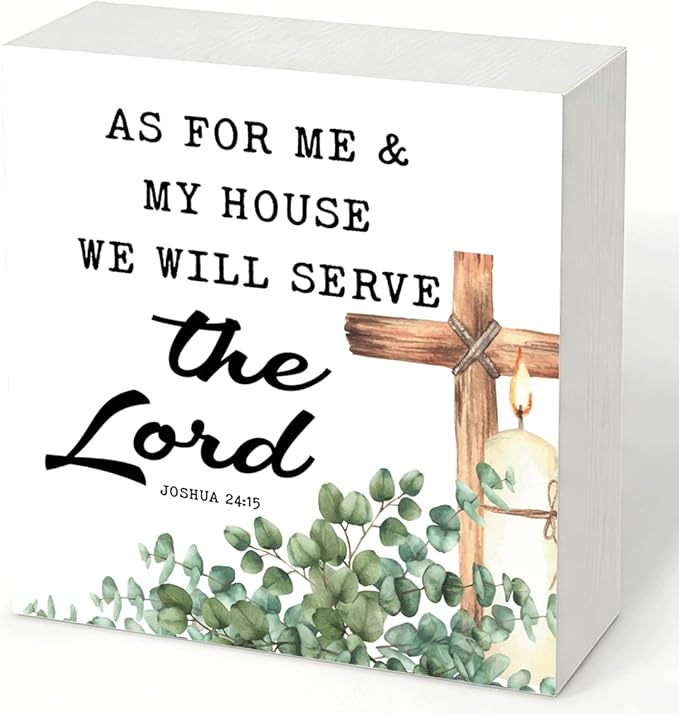 Christian Home Decor Wooden Bible Verse Sign, As For Me and My House We Will Serve the Lord Joshua 24:15, Rustic Religious Cross Farmhouse Desk Shelf Living Room Faith Decoration