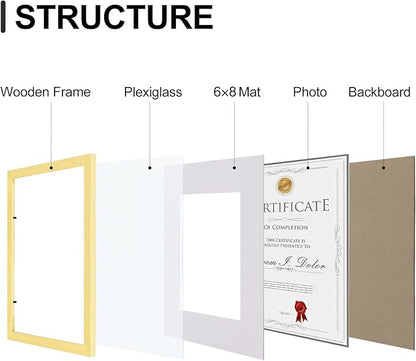 Vittanly 8.5x11 Picture Frames Set of 9, Shatter Resistant Plexiglass, Display 6x8 Pictures with Mat or 8.5x11 without Mat, Photo Frames for Wall or Tabletop, Engineered Wood, Gold