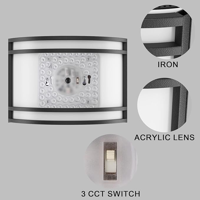 15W LED Indoor Wall Sconce, 3000K/4000K/5000K Color Temperature, Dimmable Modern Indoor Wall Mount Half Cylinder Light Fixture for Hallway Bedroom, Matt Black, 2 Pack