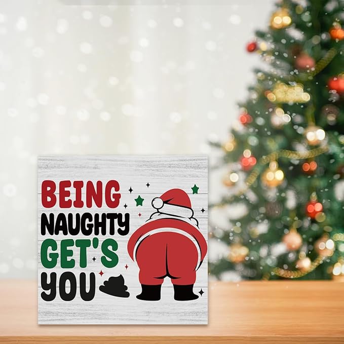 Funny Christmas Bathroom Decor Bathroom Desk Accessories Christmas Decorations Indoor Wooden Box for Toilet Shelves Santa Being Naughty Get's You Signs 5 X 5 Inch